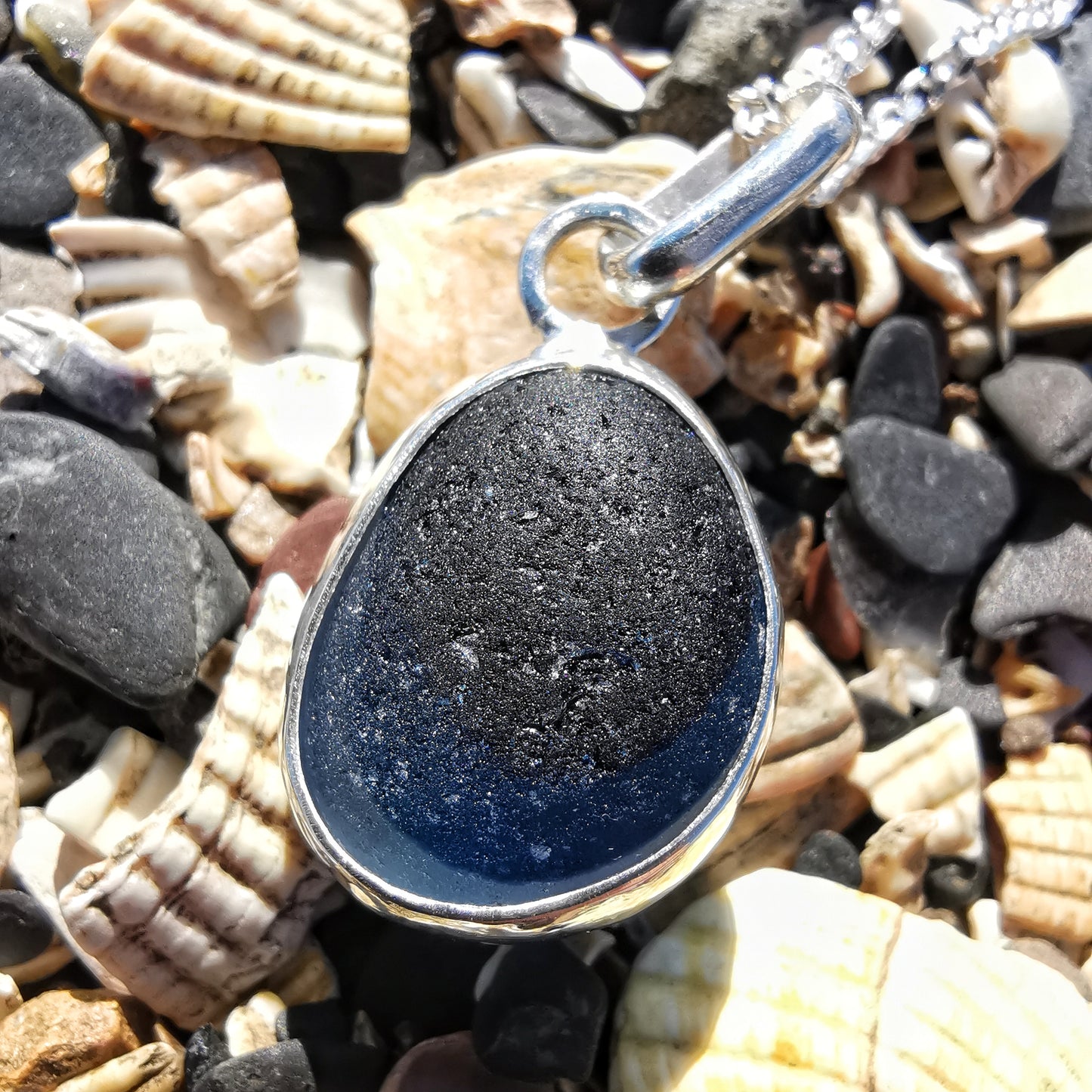 Seaham blue multi sea glass & sterling silver pendant.