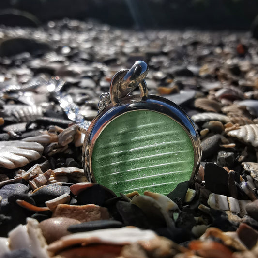 Japanese ohajiki sea glass & sterling silver pendant.