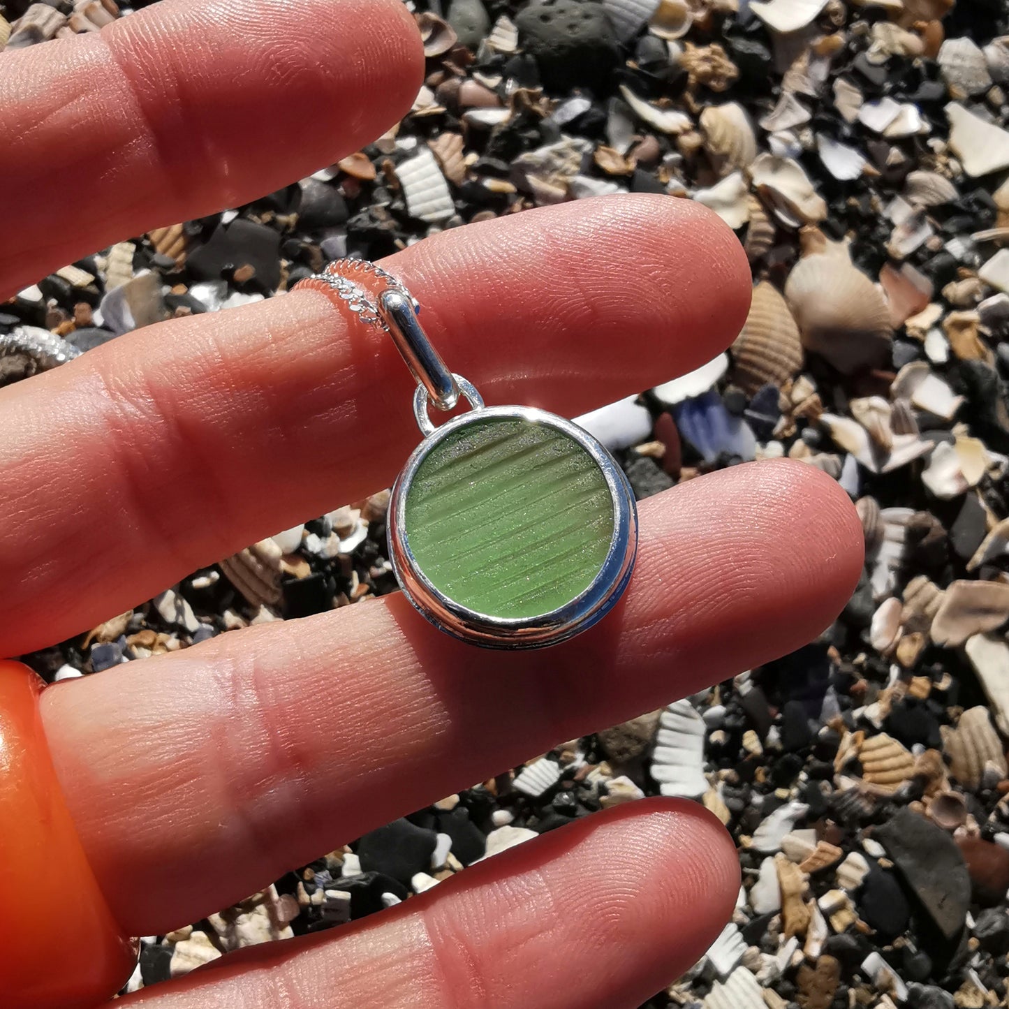 Japanese ohajiki sea glass & sterling silver pendant.