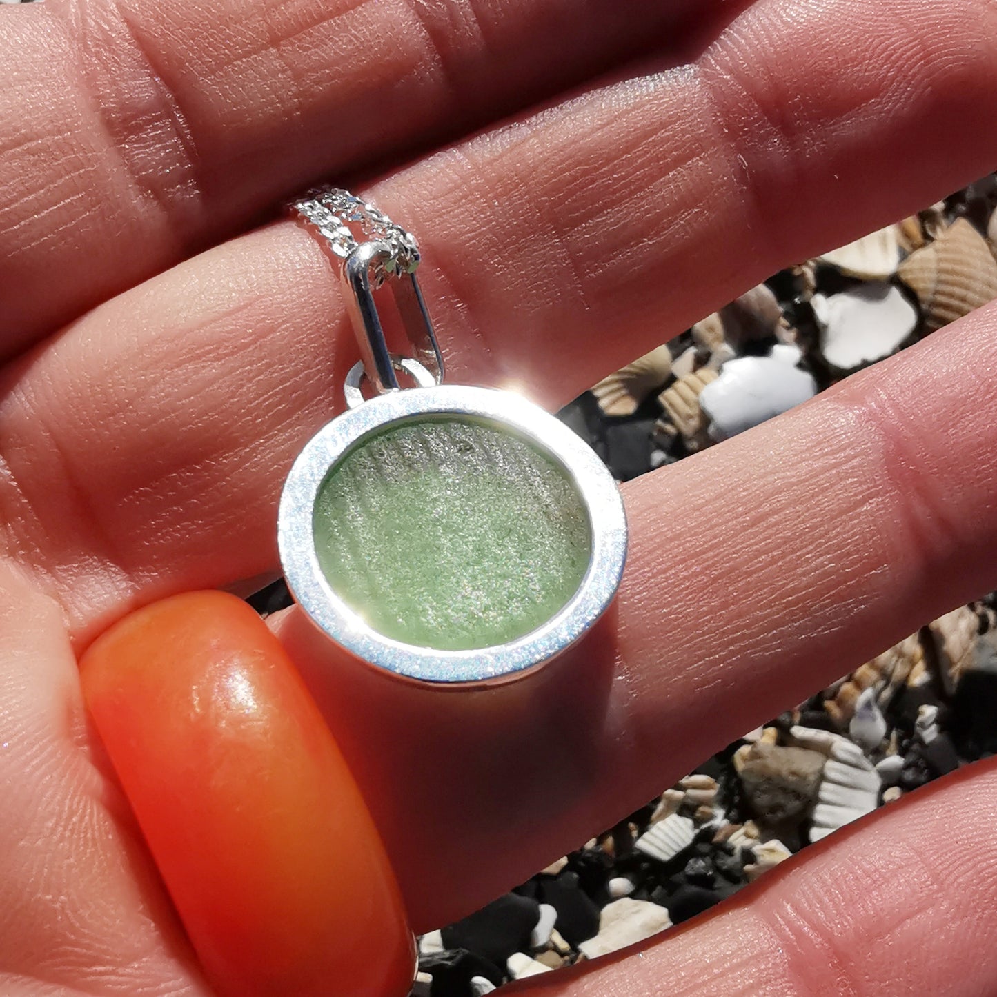 Japanese ohajiki sea glass & sterling silver pendant.