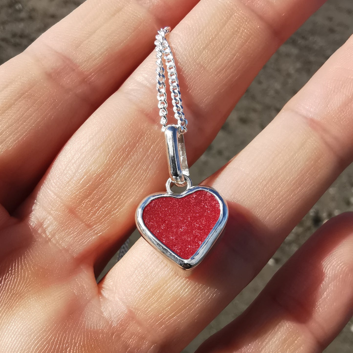 Scottish red sea glass heart & sterling silver pendant.