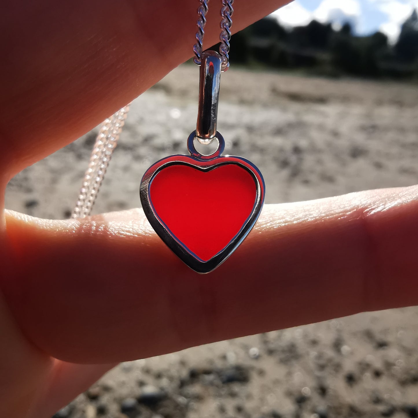 Scottish red sea glass heart & sterling silver pendant.