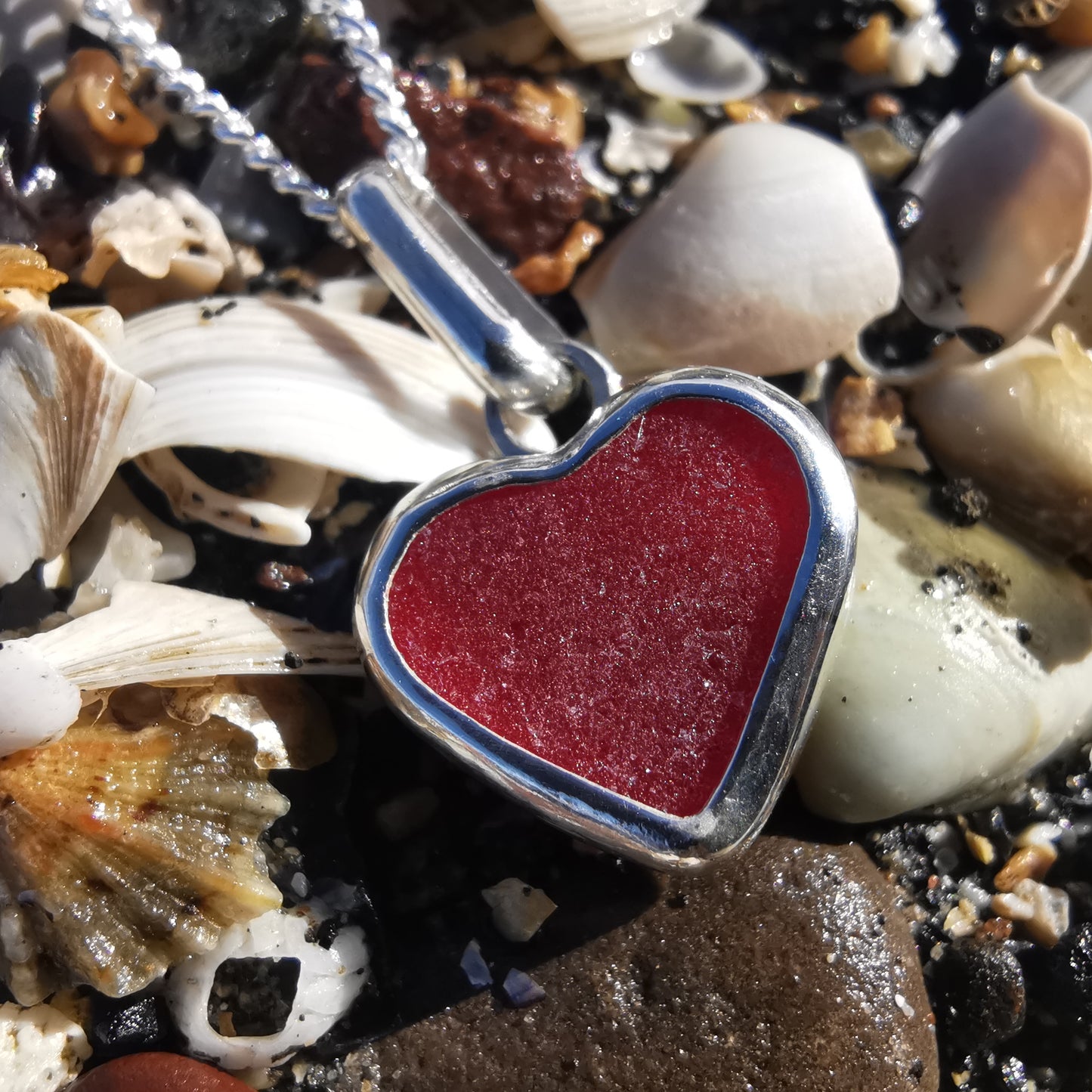 Scottish red sea glass heart & sterling silver pendant.