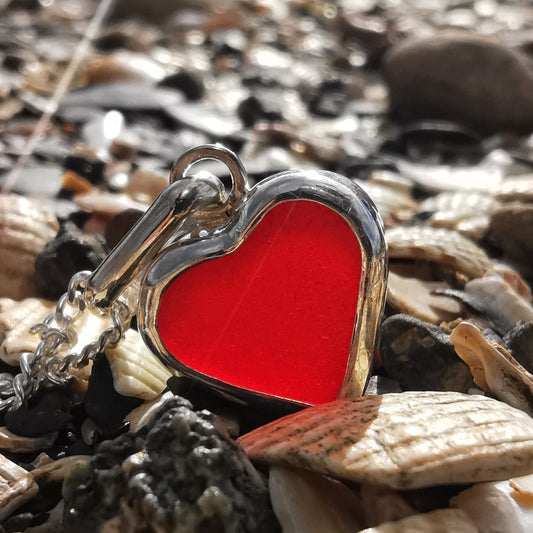 Scottish red sea glass heart & sterling silver pendant.