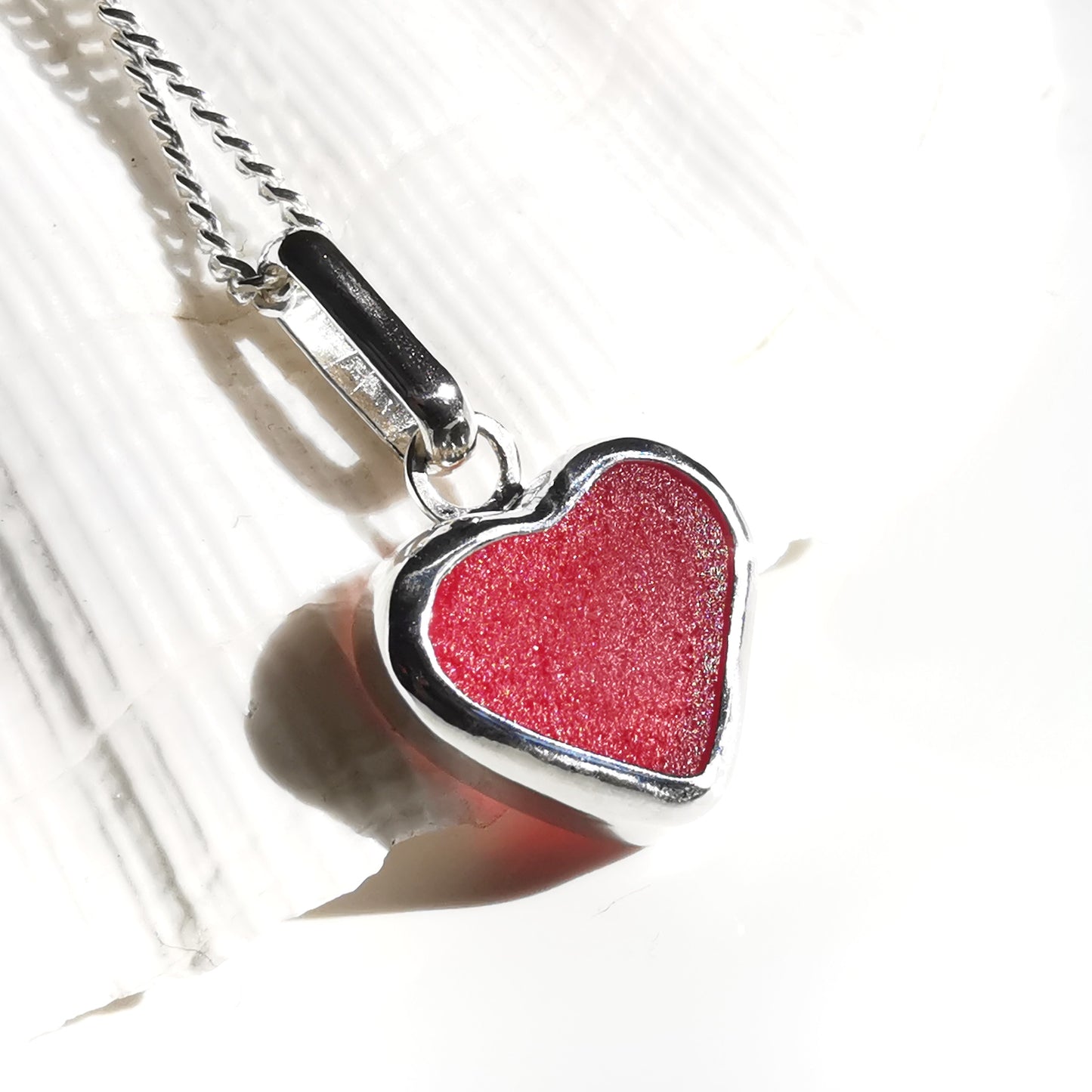 Scottish red sea glass heart & sterling silver pendant.