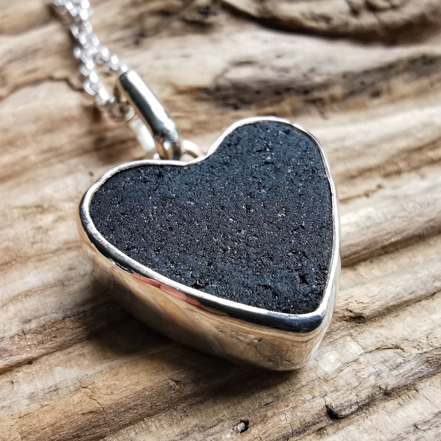 Scottish black sea glass heart & sterling silver pendant.