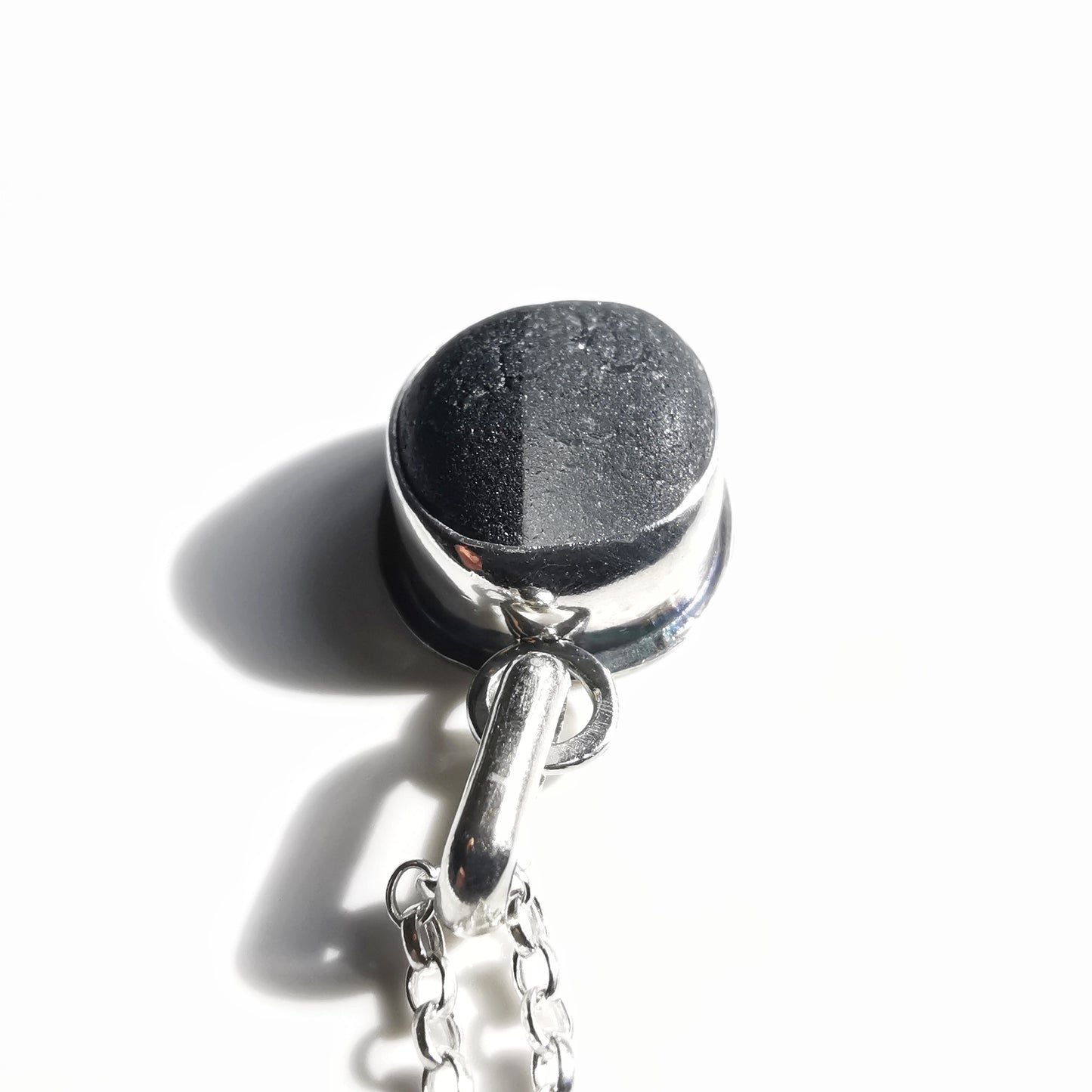 Seaham black and clear multi sea glass & sterling silver pendant.