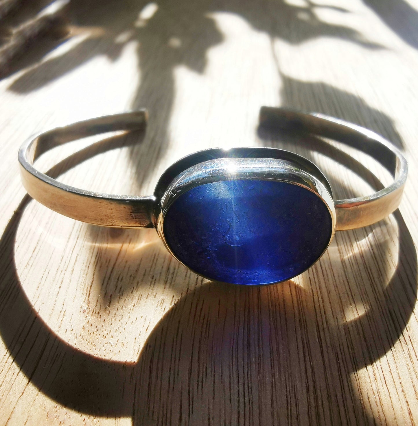 Seaham blue multi sea glass & sterling silver cuff bracelet.