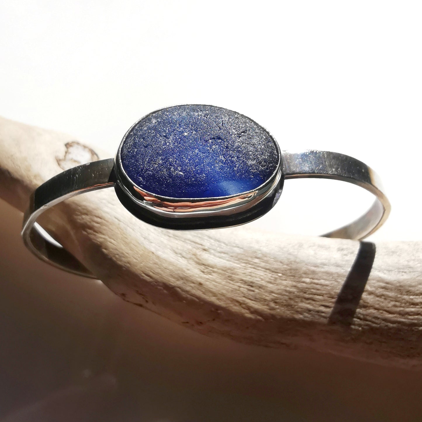 Seaham blue multi sea glass & sterling silver cuff bracelet.