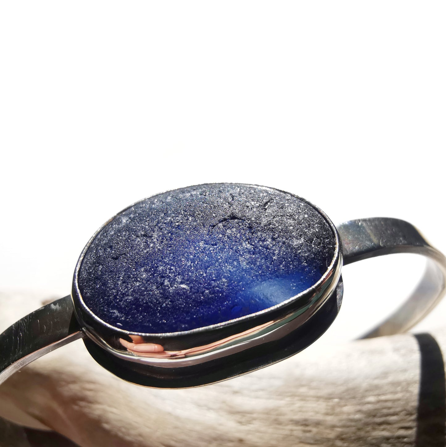 Seaham blue multi sea glass & sterling silver cuff bracelet.