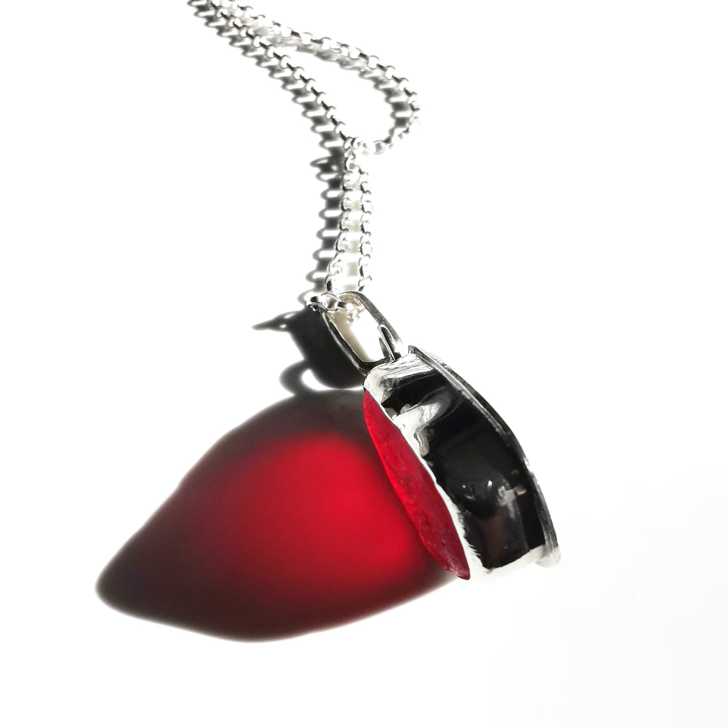 Red UV sea glass & sterling silver pendant.