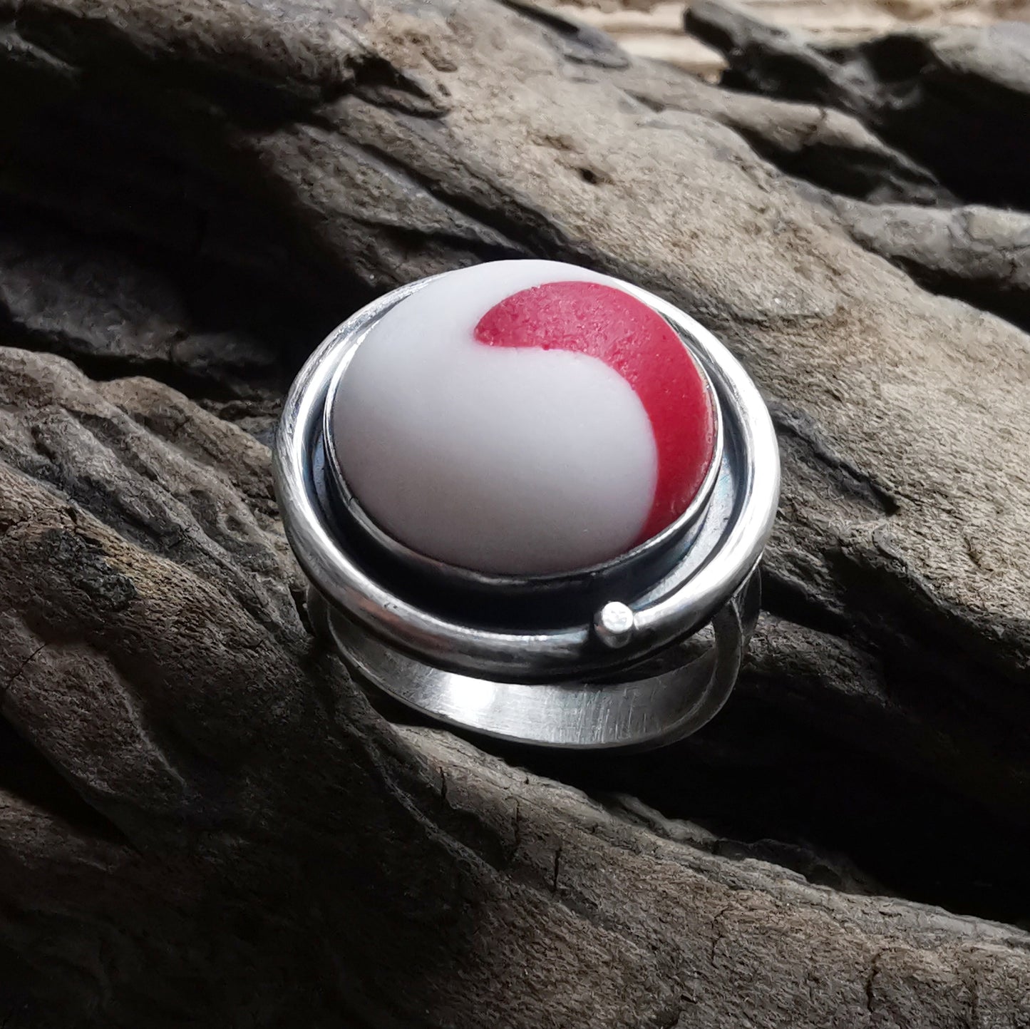 Scottish white and red wave sea glass & sterling silver ring.