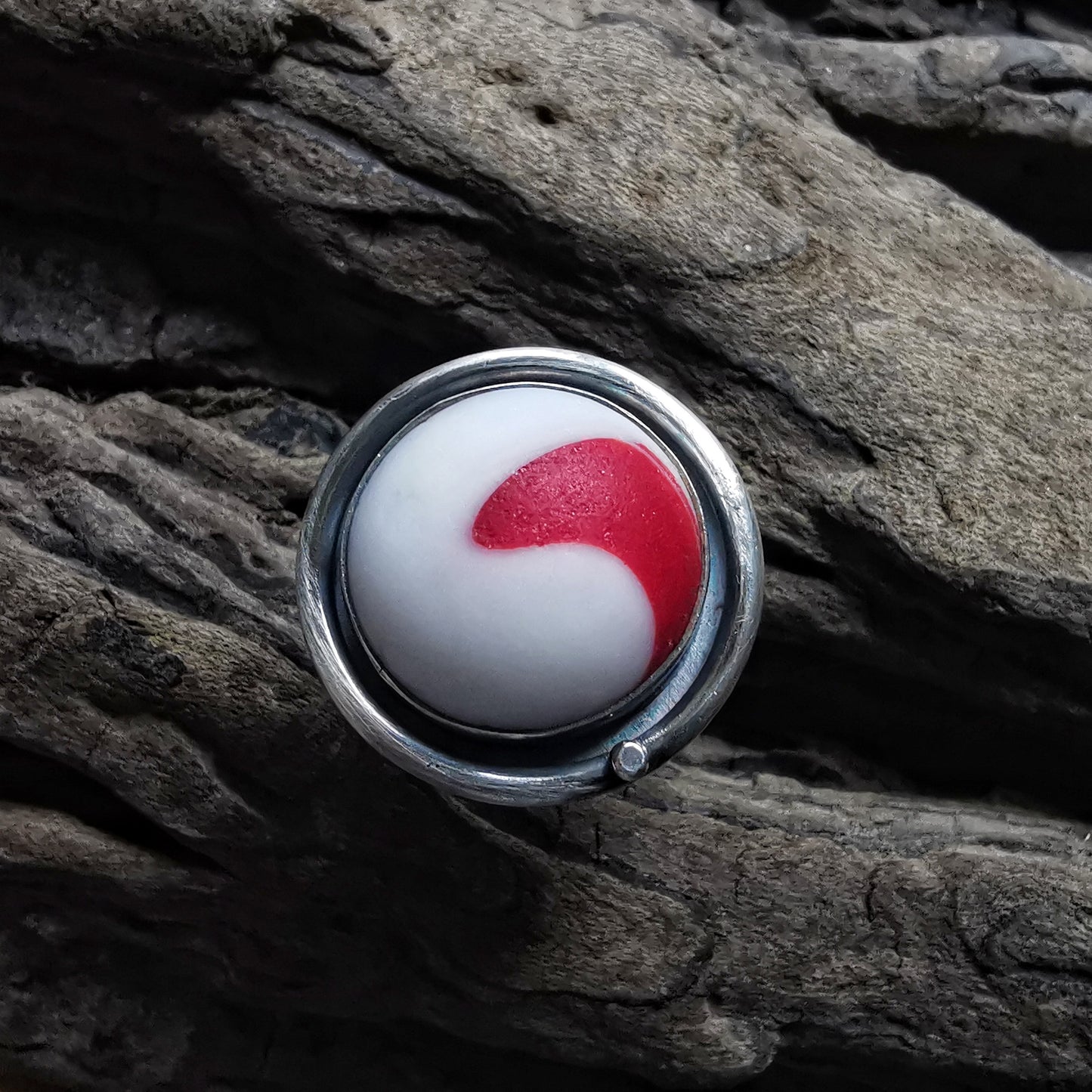 Scottish white and red wave sea glass & sterling silver ring.