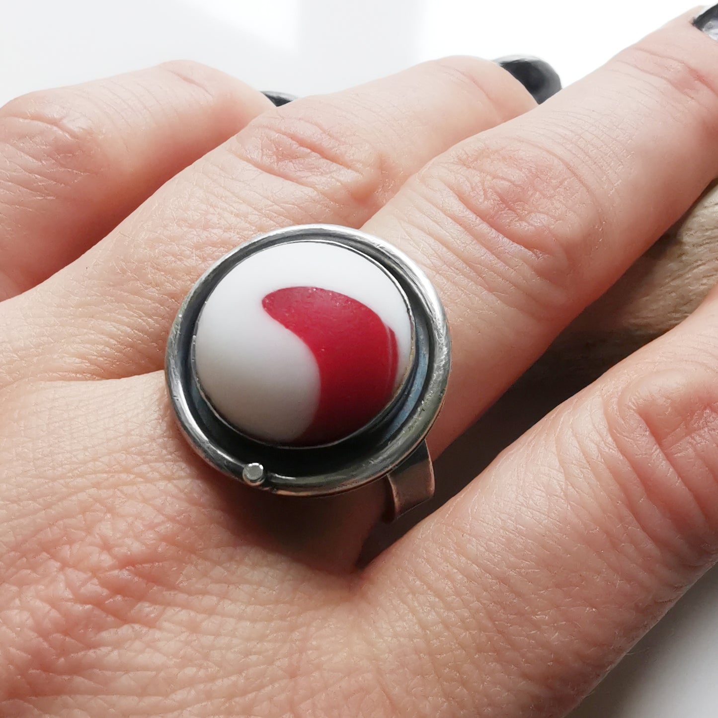 Scottish white and red wave sea glass & sterling silver ring.