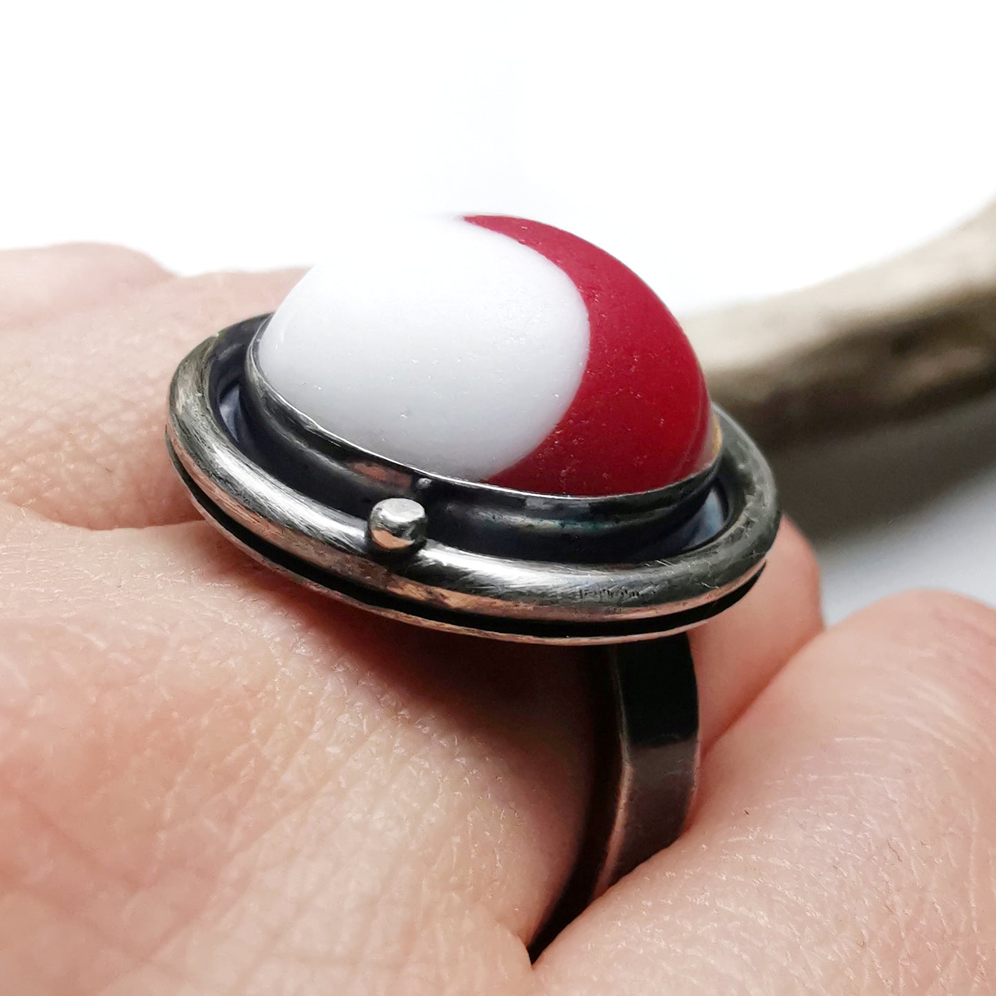 Scottish white and red wave sea glass & sterling silver ring.