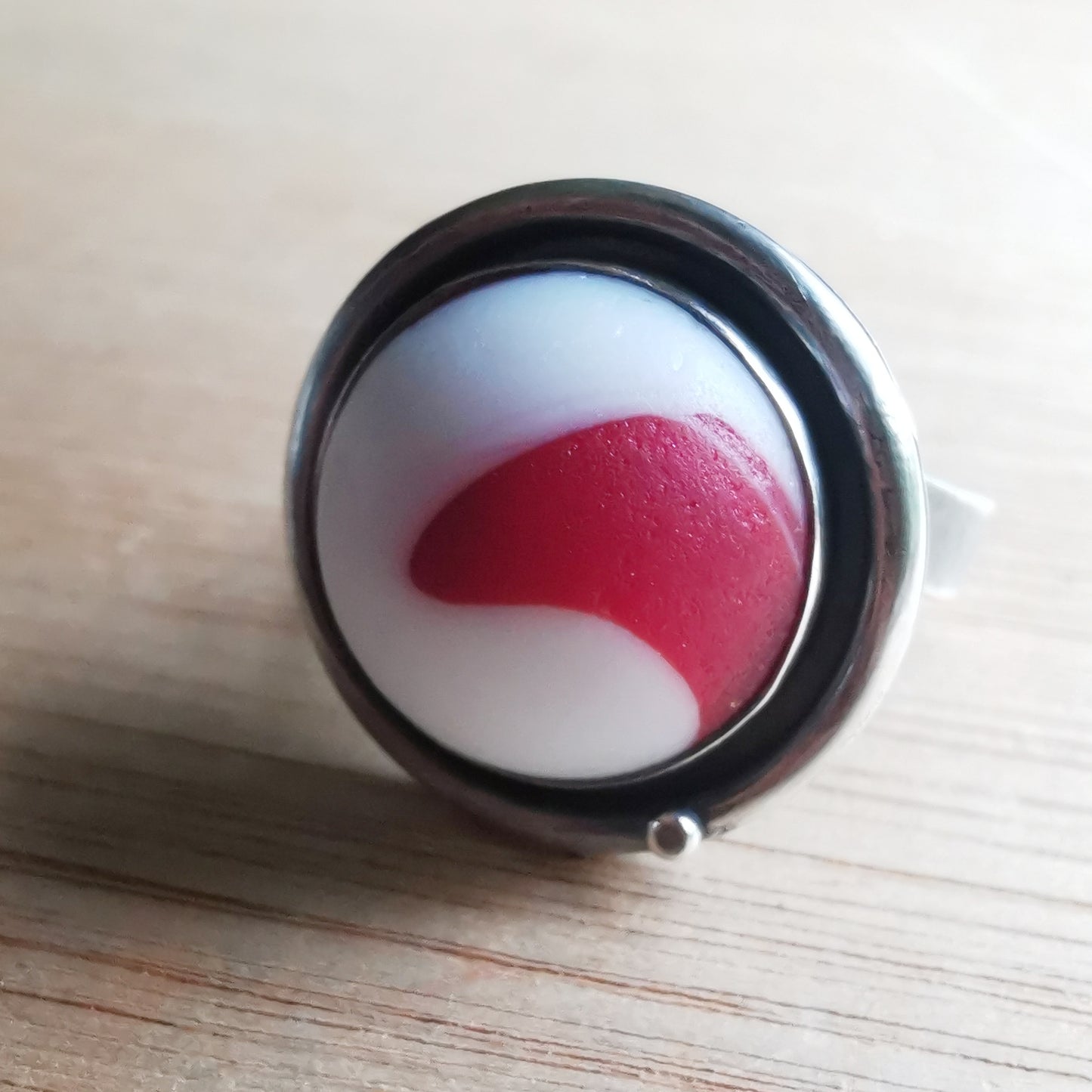 Scottish white and red wave sea glass & sterling silver ring.