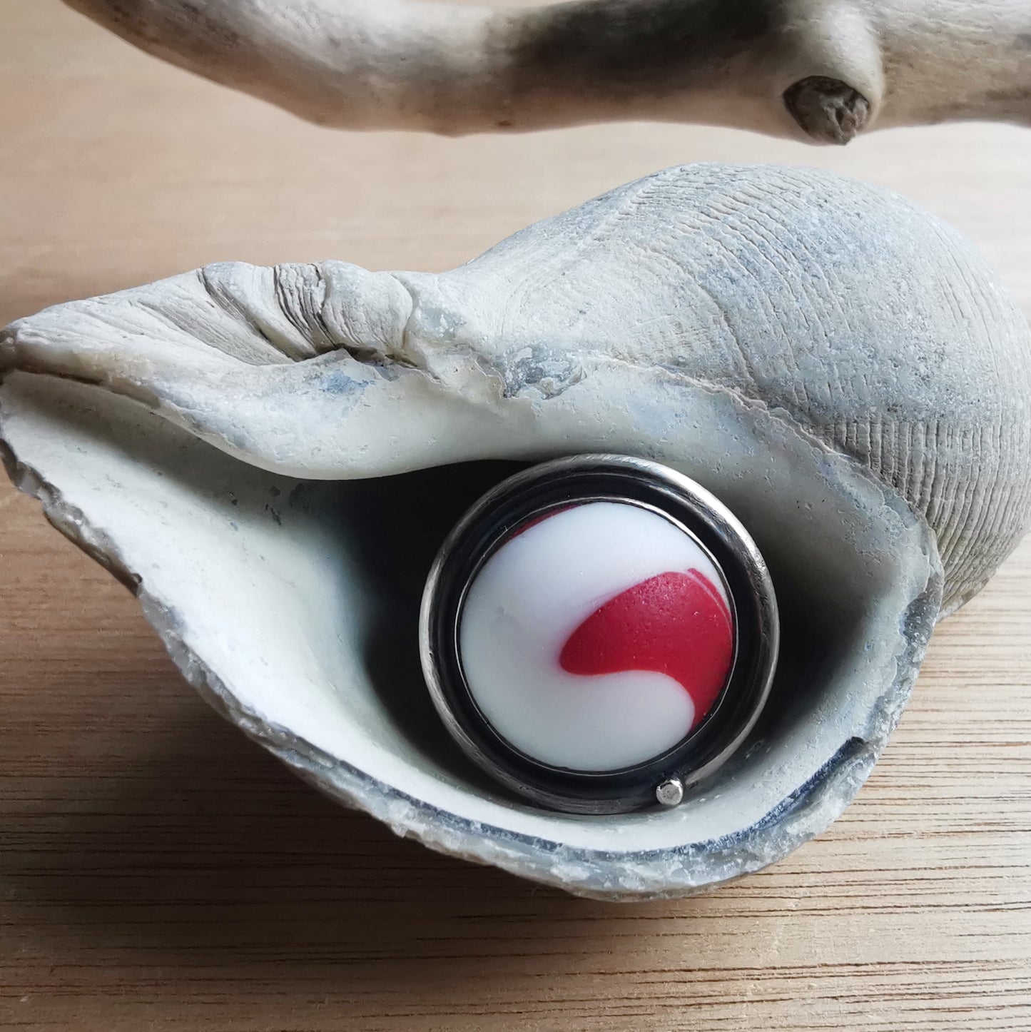 Scottish white and red wave sea glass & sterling silver ring.