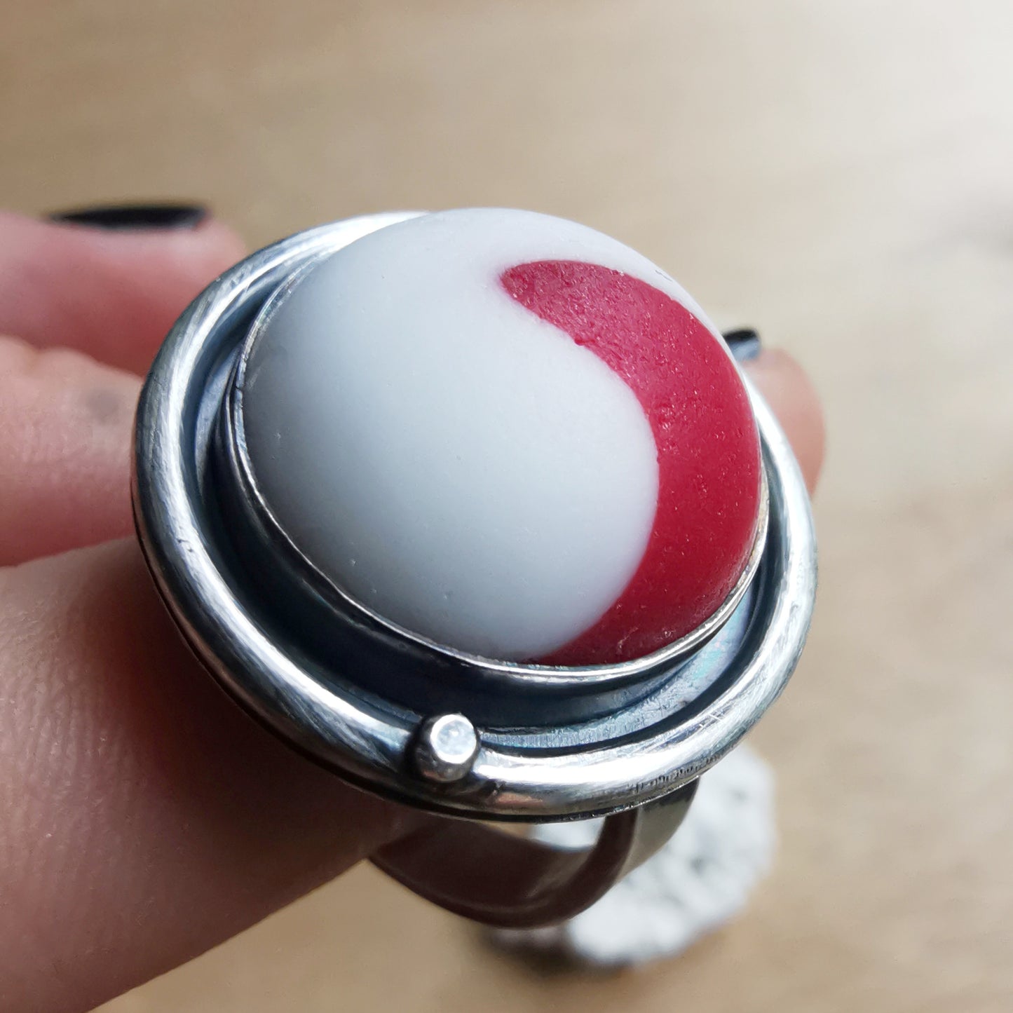 Scottish white and red wave sea glass & sterling silver ring.