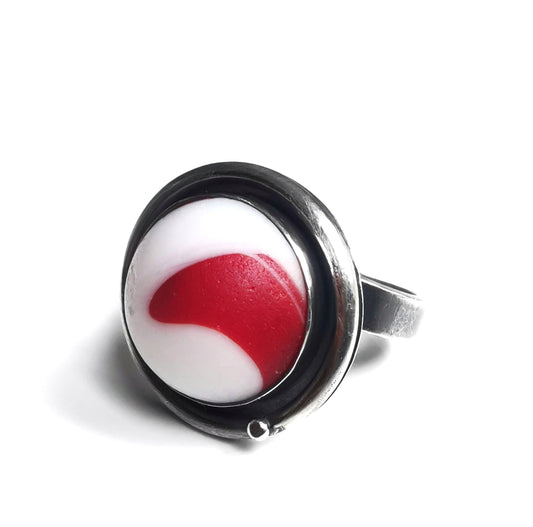 Scottish white and red wave sea glass & sterling silver ring.