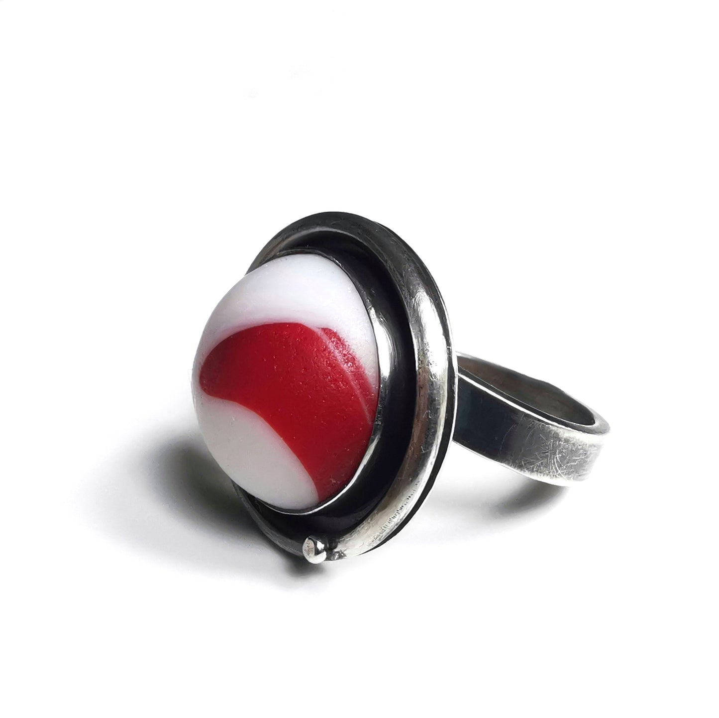 Scottish white and red wave sea glass & sterling silver ring.