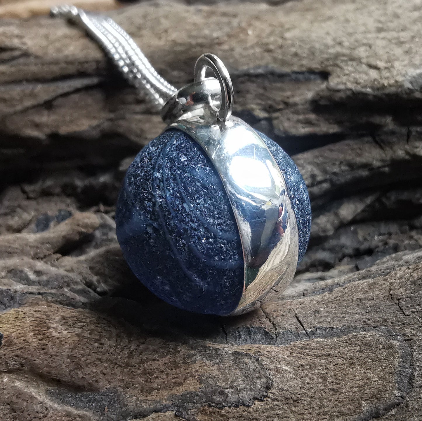 Scottish dark blue sea glass marble & sterling silver pendant.