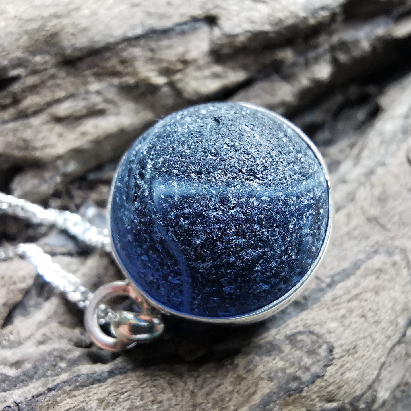 Scottish dark blue sea glass marble & sterling silver pendant.