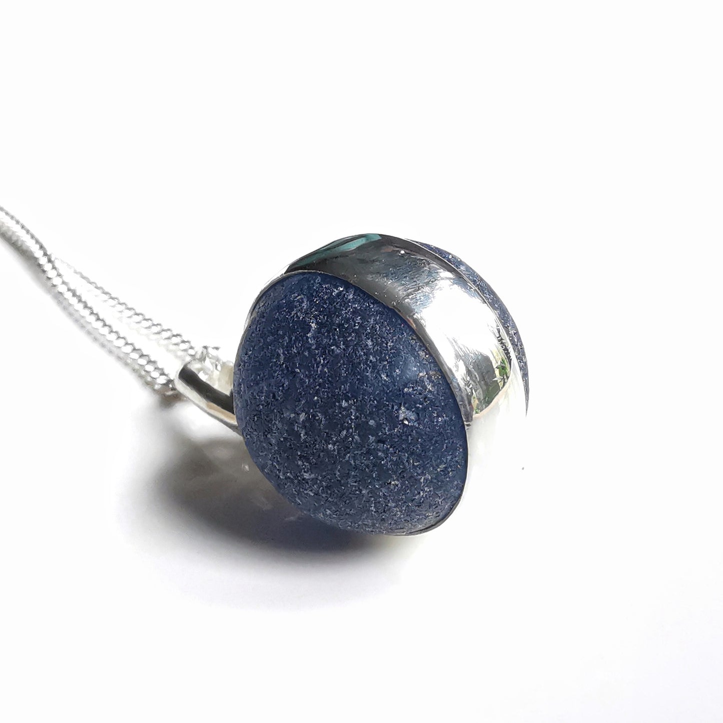 Scottish dark blue sea glass marble & sterling silver pendant.