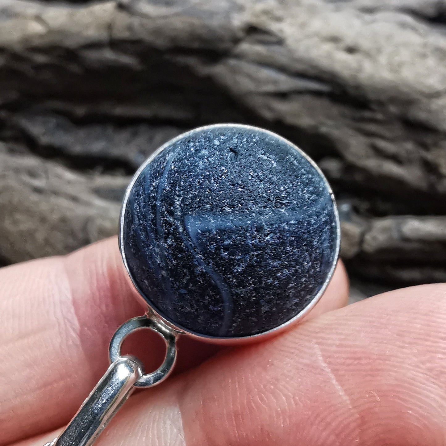 Scottish dark blue sea glass marble & sterling silver pendant.