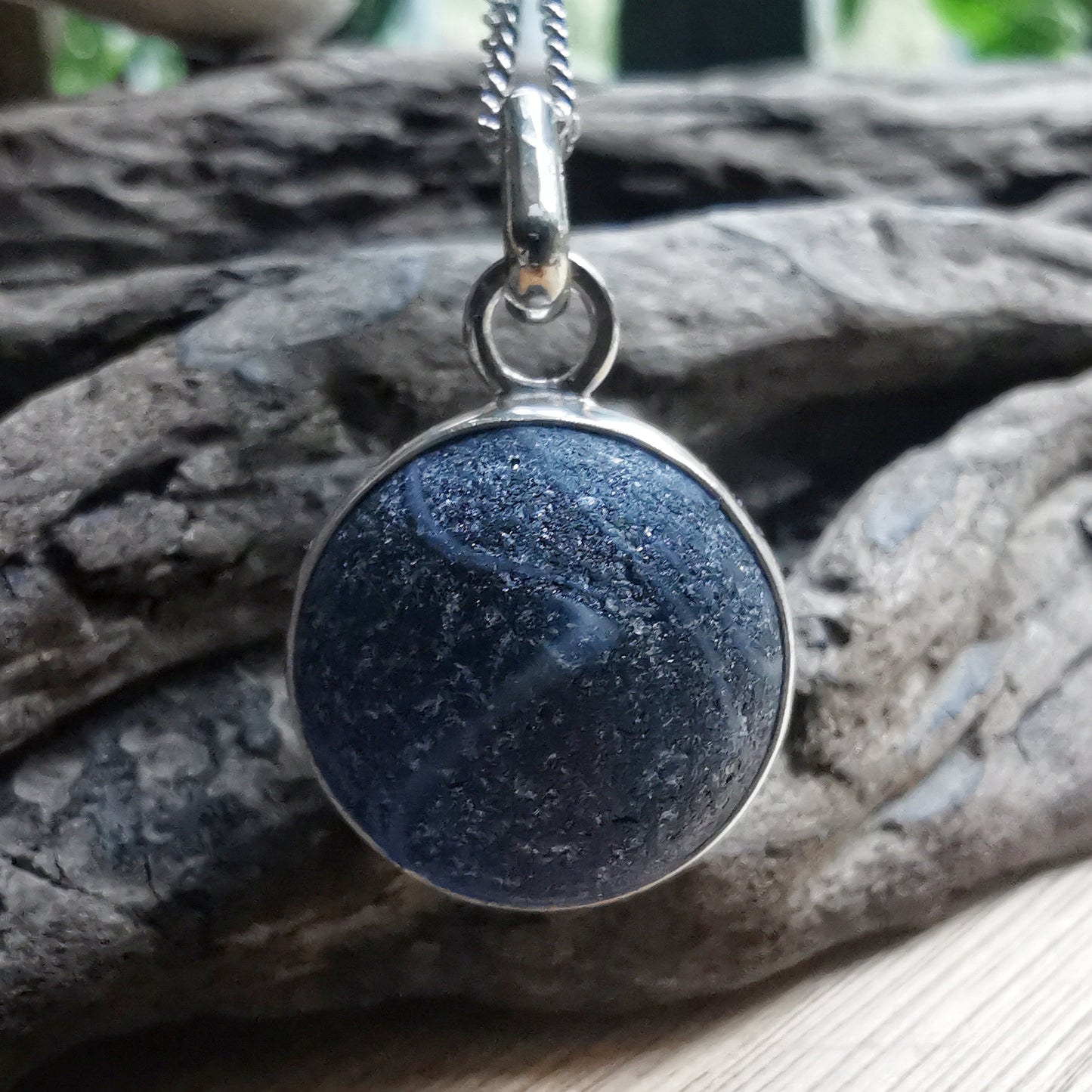 Scottish dark blue sea glass marble & sterling silver pendant.