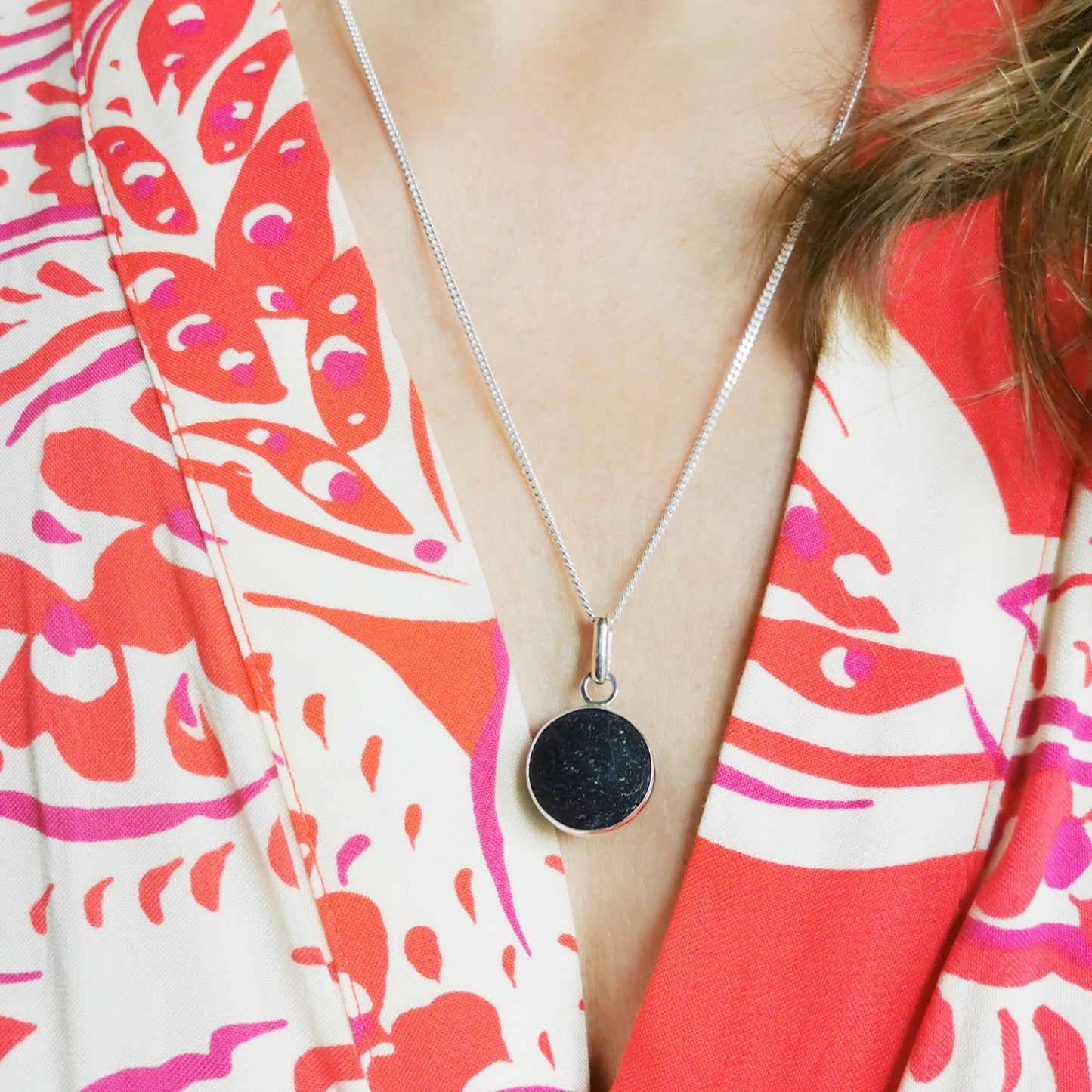 Scottish dark blue sea glass marble & sterling silver pendant.