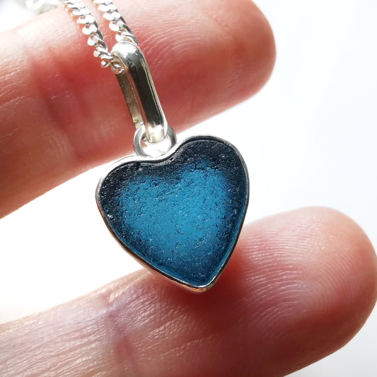 Scottish dark teal blue sea glass heart & sterling silver pendant.