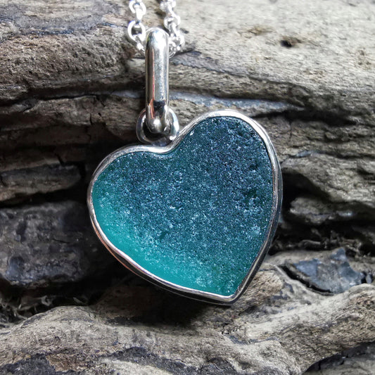 Scottish teal sea glass heart & sterling silver pendant.