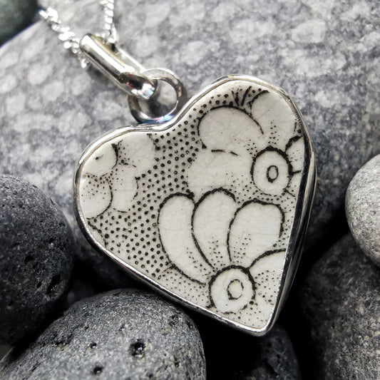 Scottish foliage pattern sea pottery heart & sterling silver pendant.