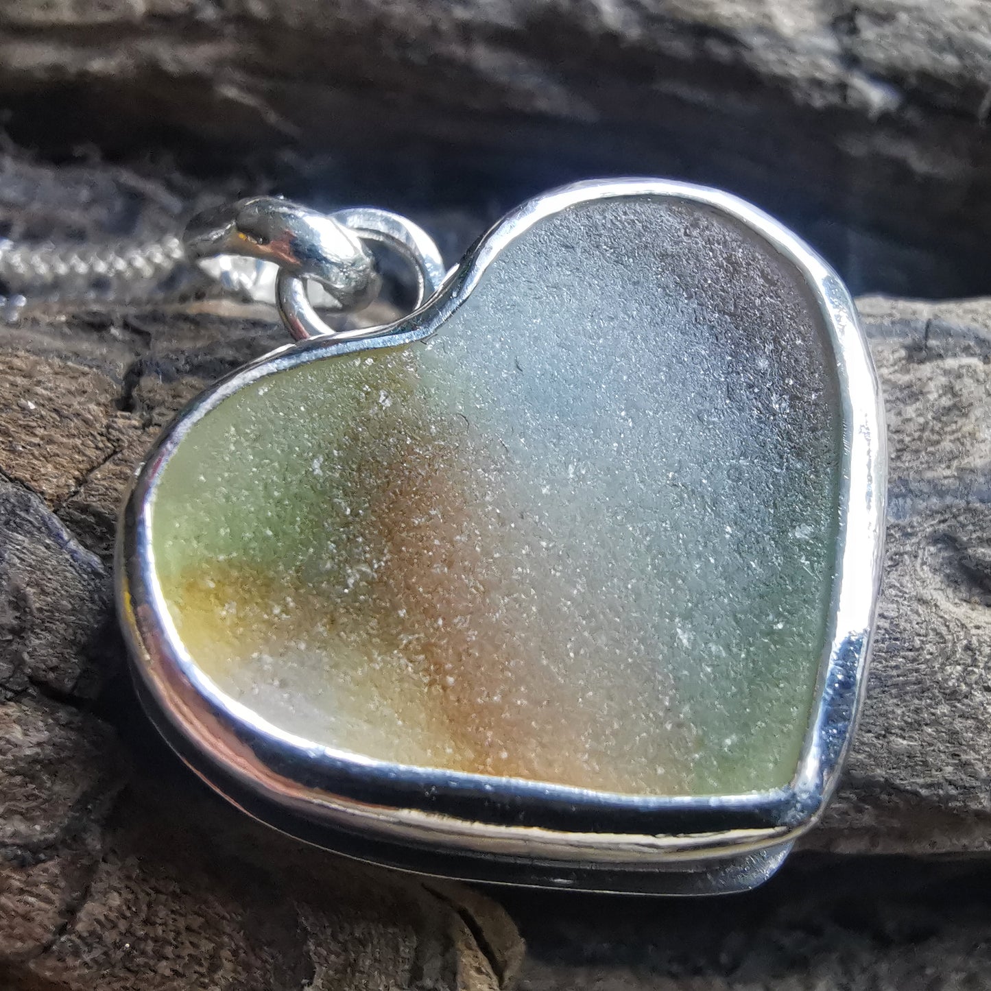 Scottish multi coloured sea glass heart pendant, silver necklace.