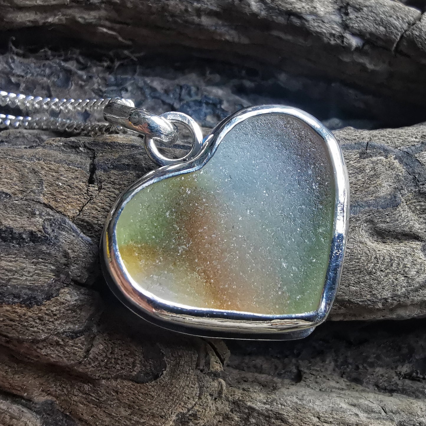 Scottish multi coloured sea glass heart pendant, silver necklace.