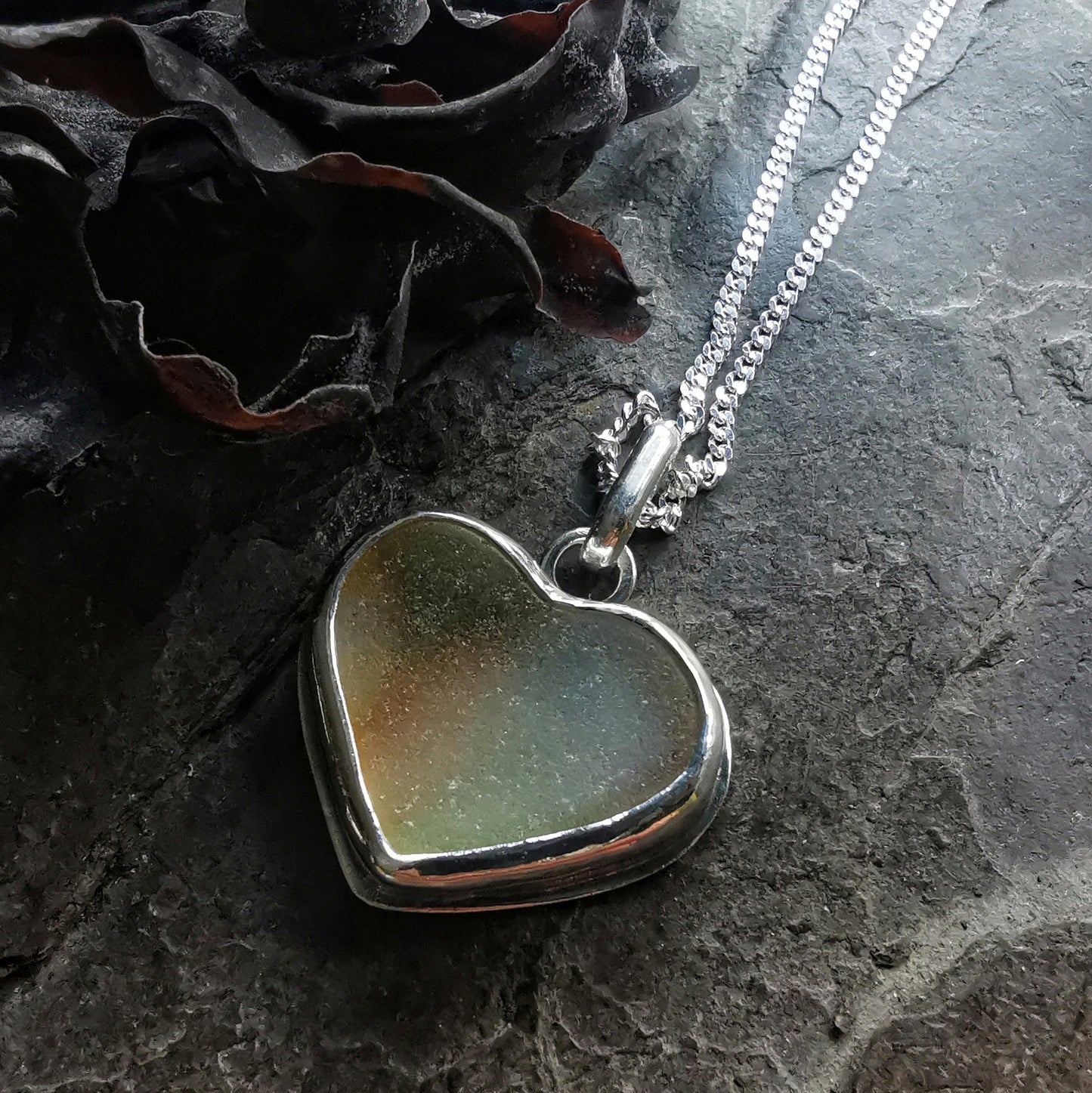 Scottish multi coloured sea glass heart pendant, silver necklace.