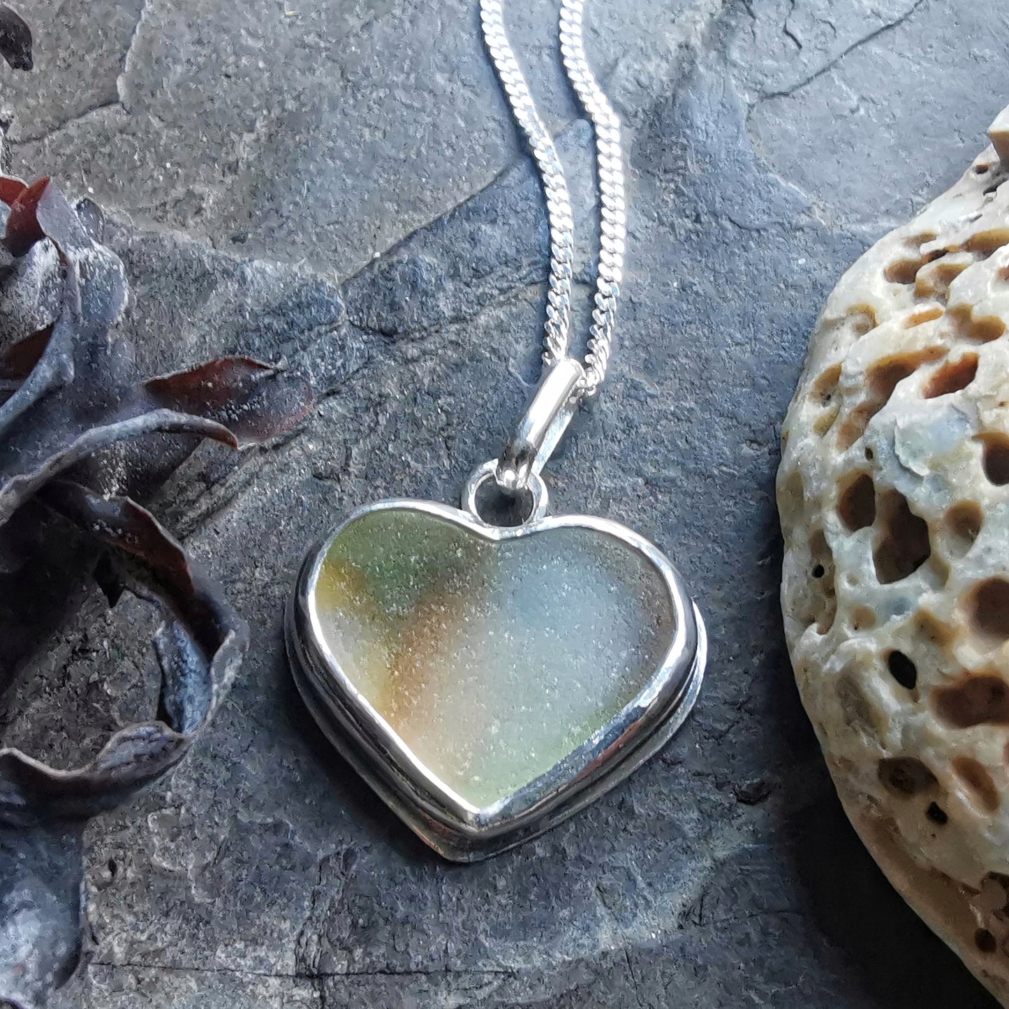 Scottish multi coloured sea glass heart pendant, silver necklace.