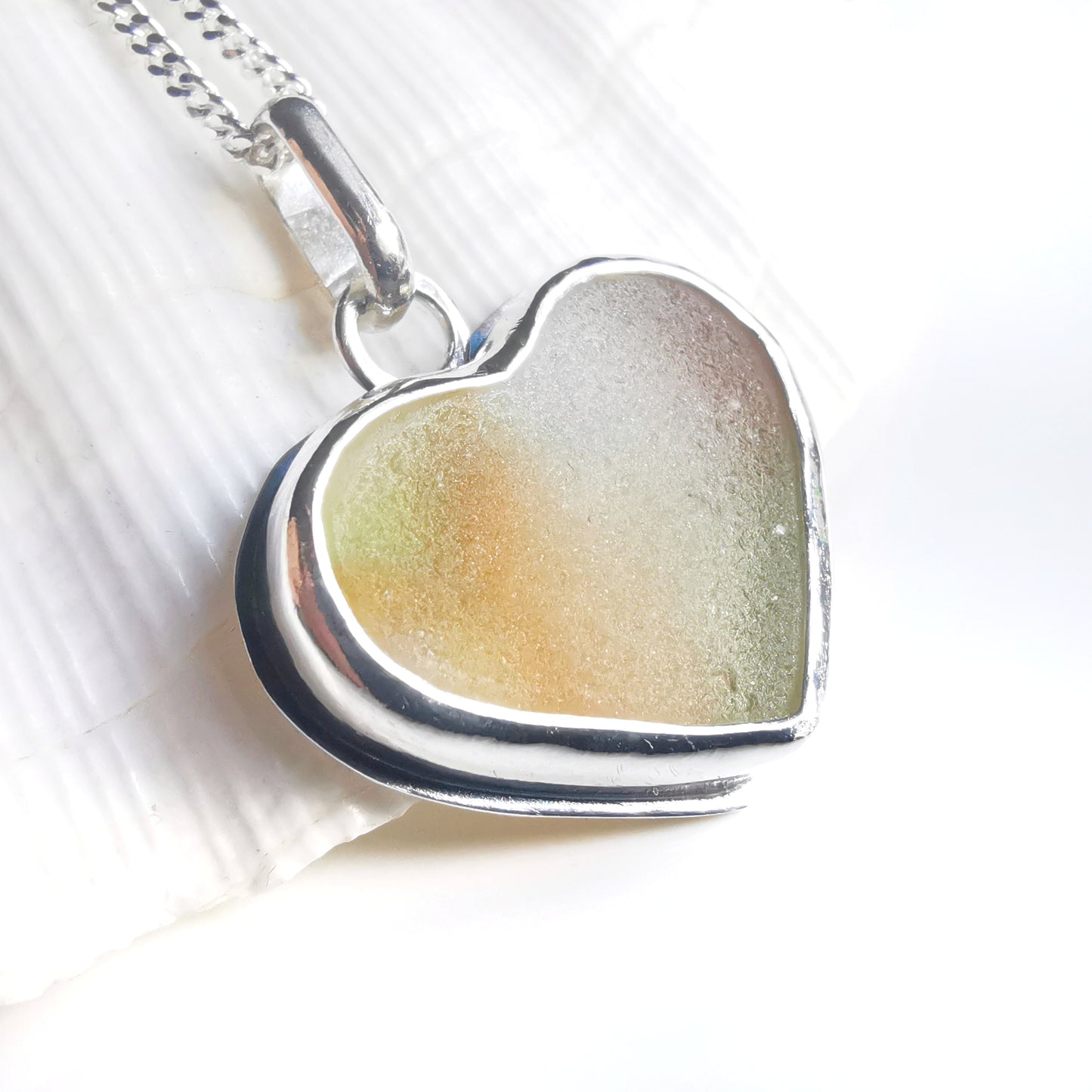 Scottish multi coloured sea glass heart pendant, silver necklace.