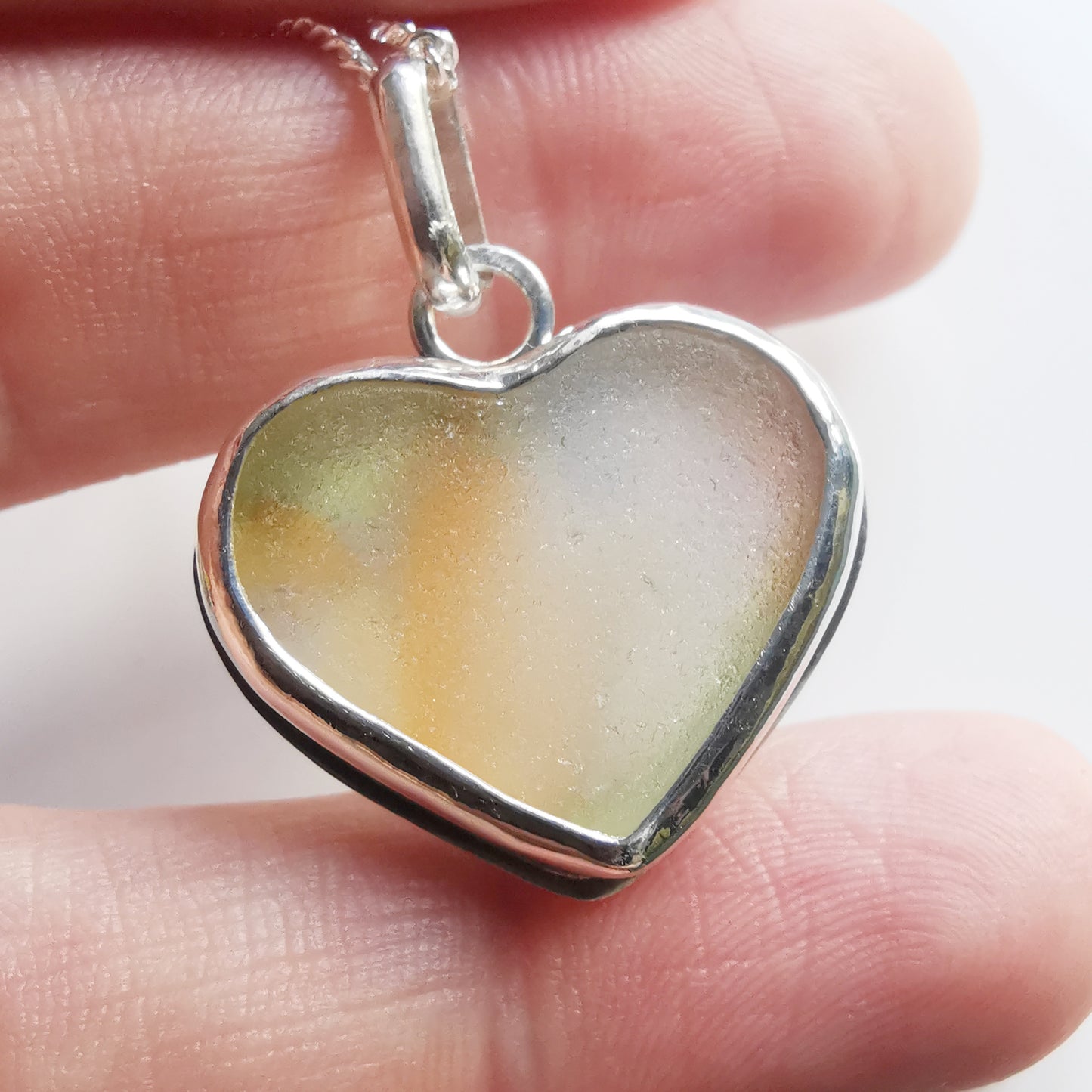 Scottish multi coloured sea glass heart pendant, silver necklace.