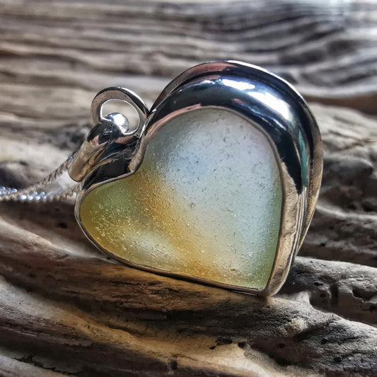 Scottish multi coloured sea glass heart pendant, silver necklace.