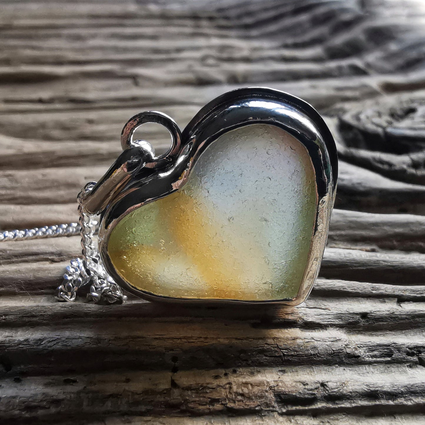 Scottish multi coloured sea glass heart pendant, silver necklace.