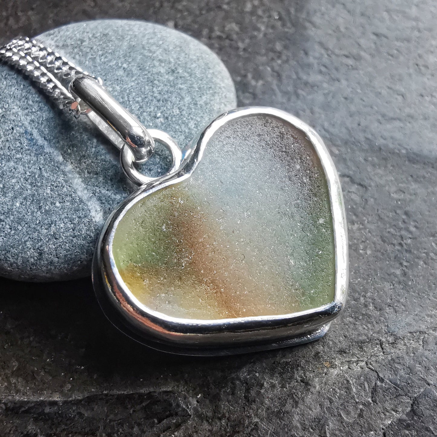 Scottish multi coloured sea glass heart pendant, silver necklace.