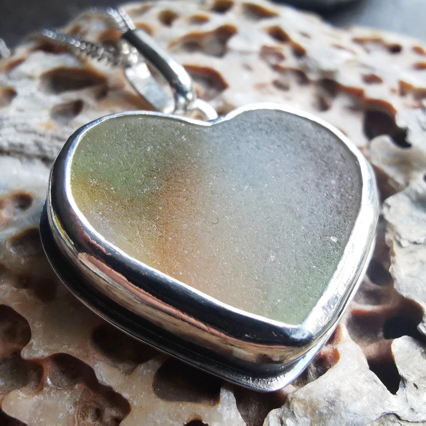 Scottish multi coloured sea glass heart pendant, silver necklace.