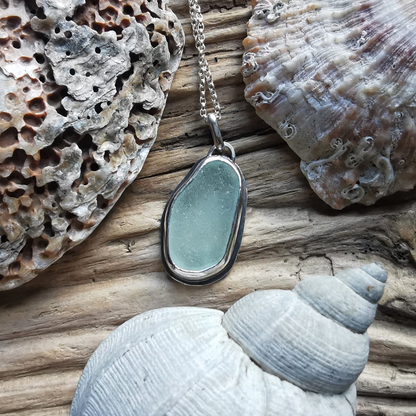 Custom made for Gillian. Seafoam sea glass & sterling silver pendant.