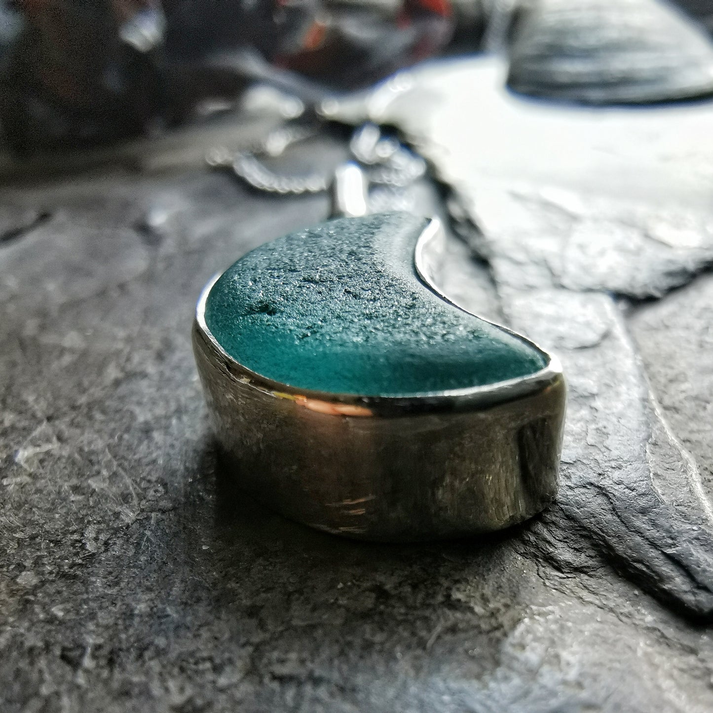 Scottish teal blue crescent moon sea glass & sterling silver pendant.