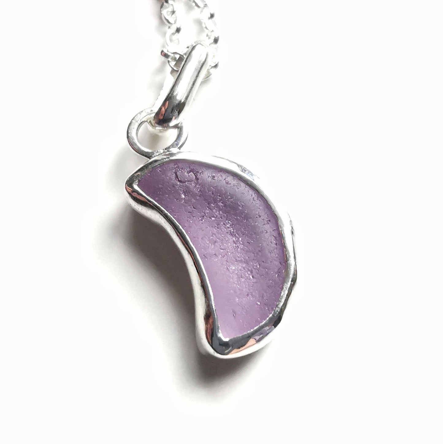 Scottish purple crescent moon sea glass & sterling silver pendant.