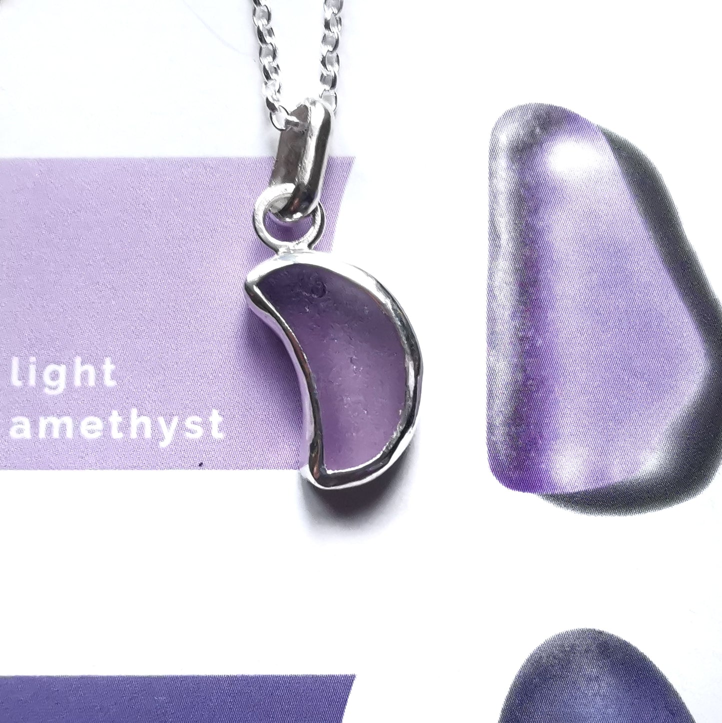 Scottish purple crescent moon sea glass & sterling silver pendant.