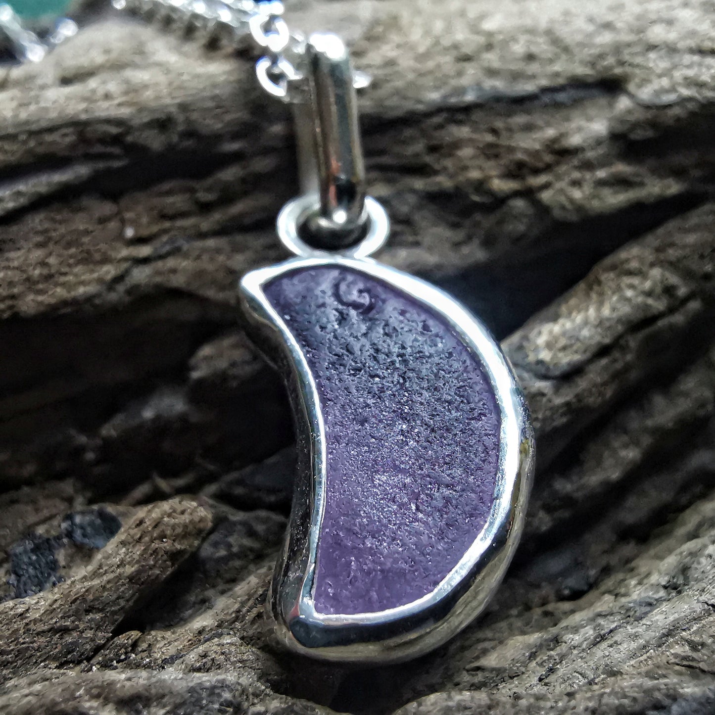 Scottish purple crescent moon sea glass & sterling silver pendant.