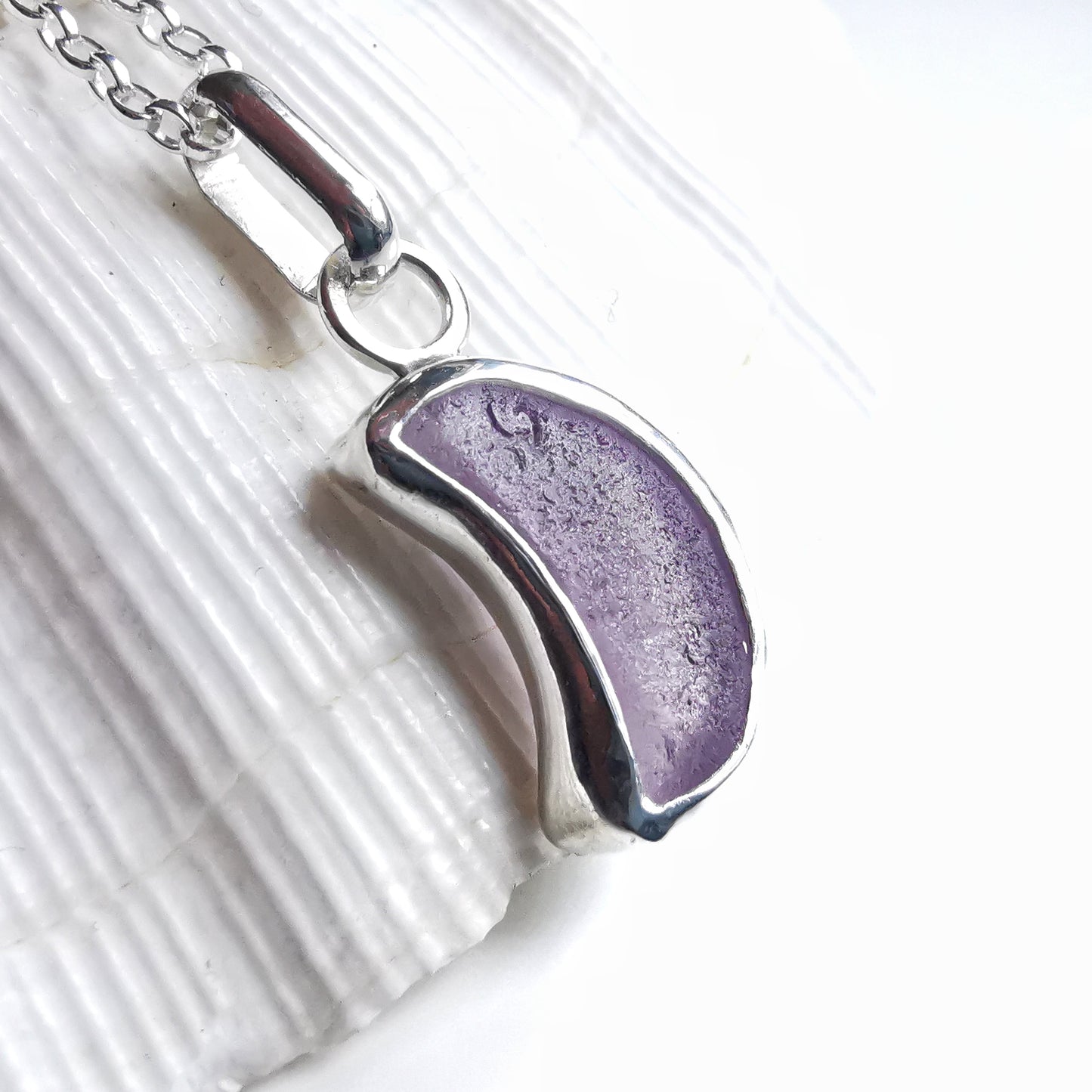 Scottish purple crescent moon sea glass & sterling silver pendant.