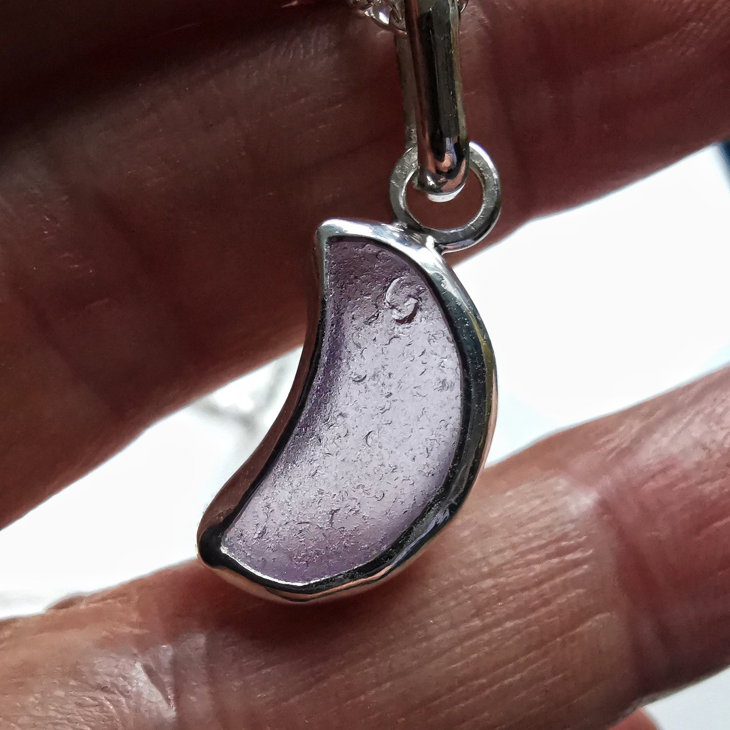 Scottish purple crescent moon sea glass & sterling silver pendant.